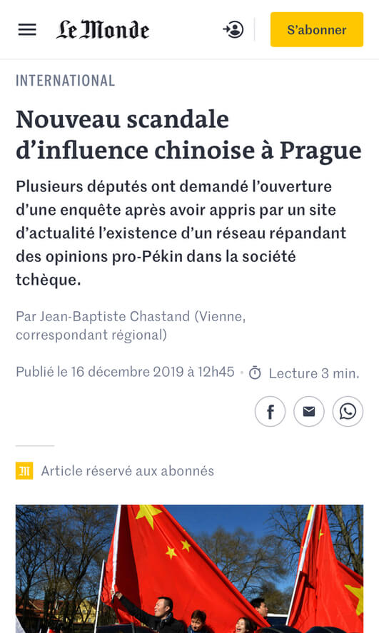 Le Monde: Nouveau scandale d’influence chinoise à Prague