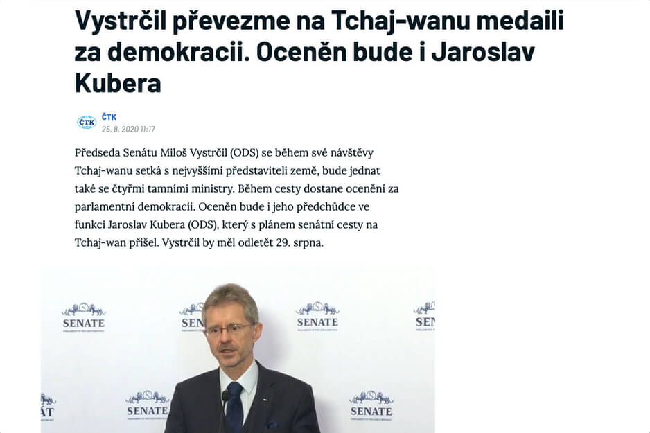 ČTK: Vystrčil převezme na Tchaj-wanu medaili za demokracii. Oceněn bude i Jaroslav Kubera